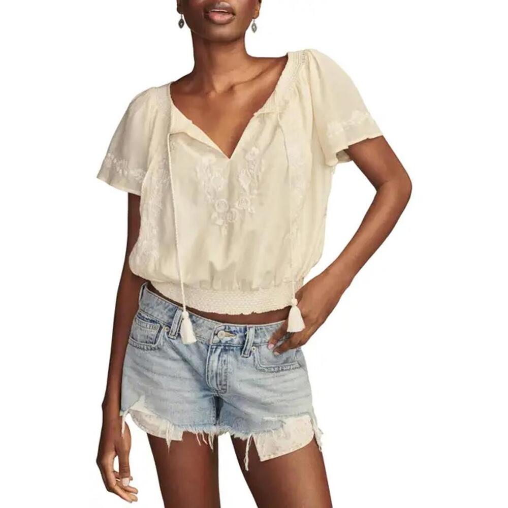 NWT! Lucky Brand Embroidered Tie Neck Crop Top in Luminary G Size L